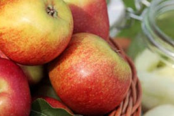 pommes dans un panier en osier et dans un bocal en verre